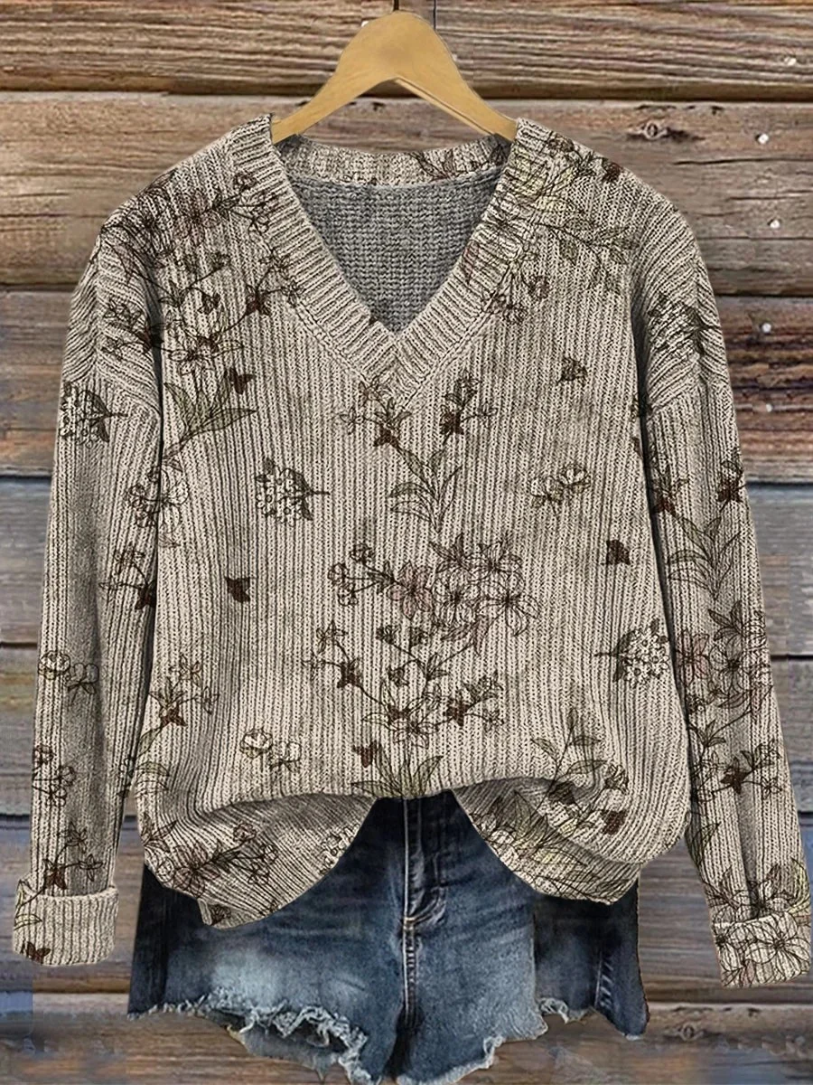 V Neck Floral Casual Loose Sweater