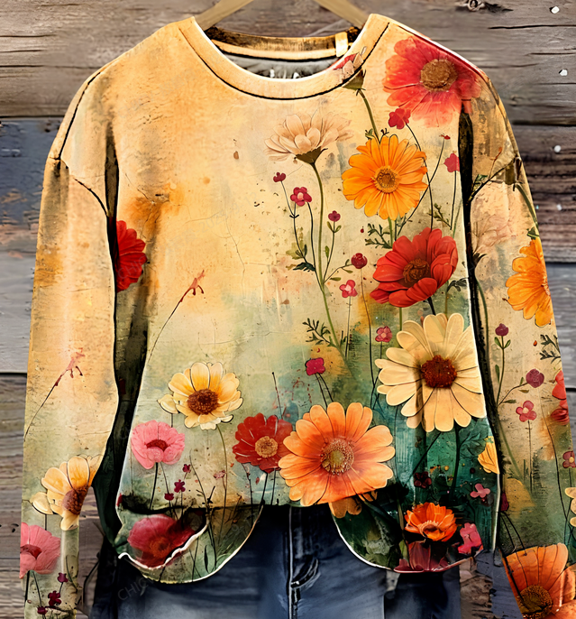 Vintage Floral Art Print Casual Sweatshirt