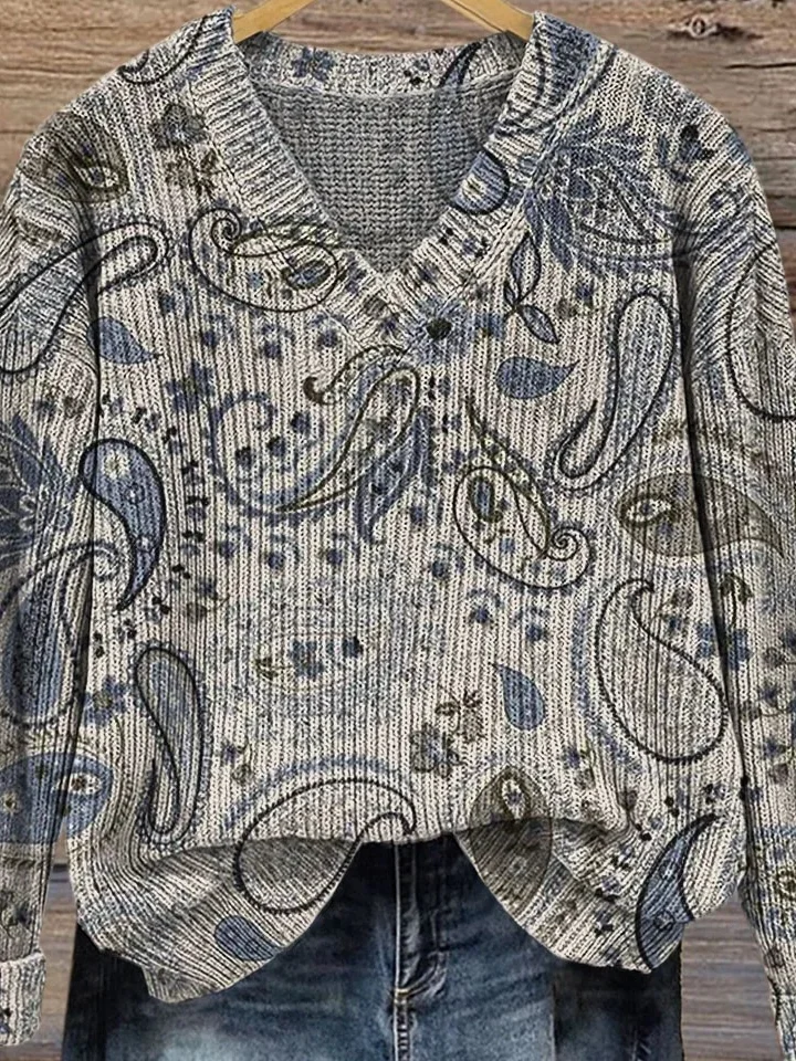 V Neck Floral Casual Loose Sweater