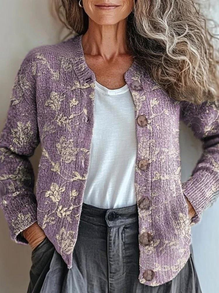 Crew Neck Loose Ethnic Floral Cardigan