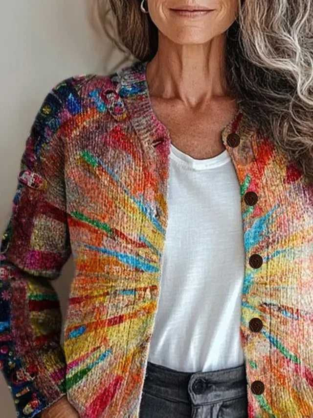 Women's Abstract Print Casual Button Cardigan