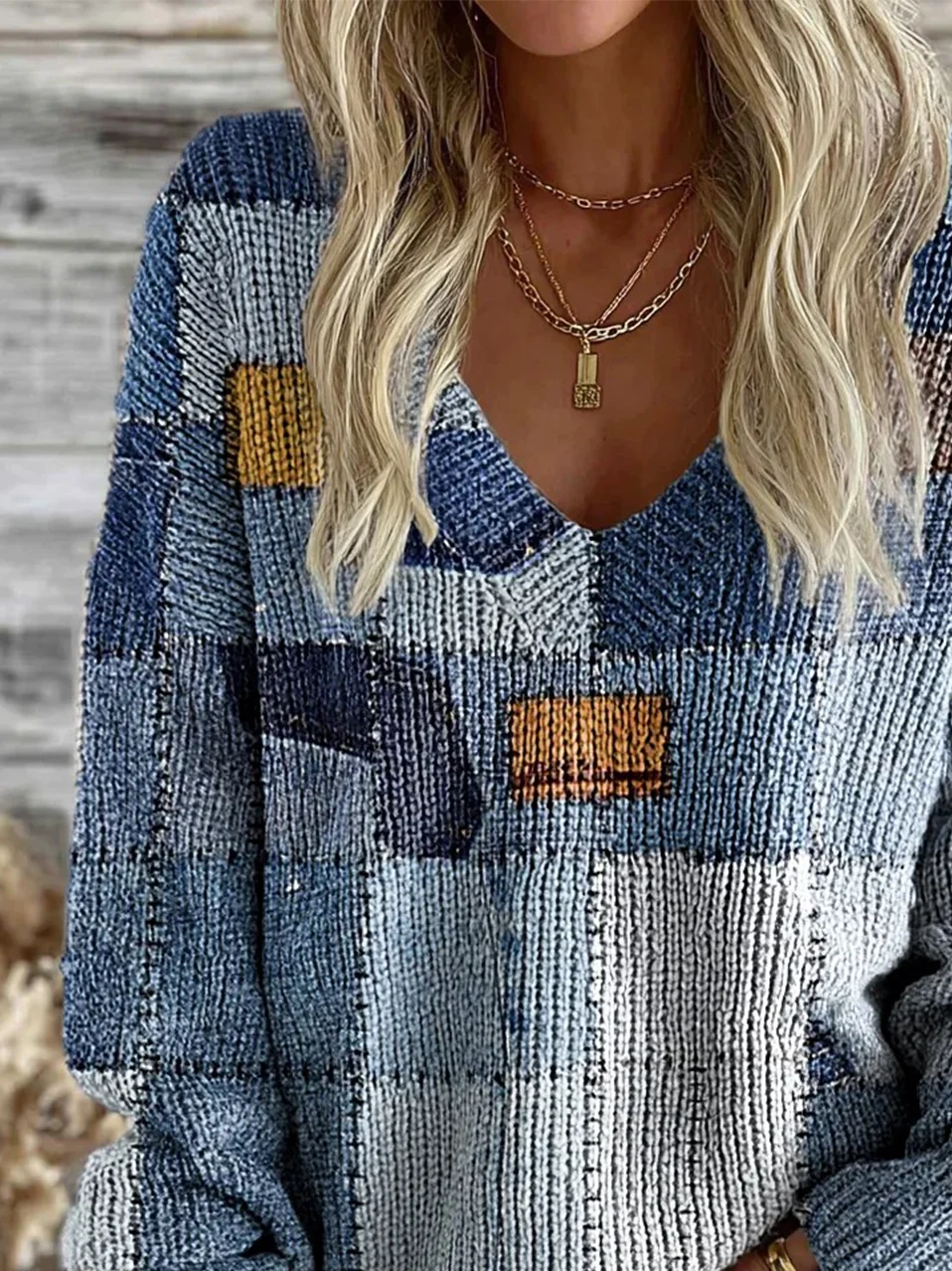 Vintage Loose Geometric V Neck Sweater