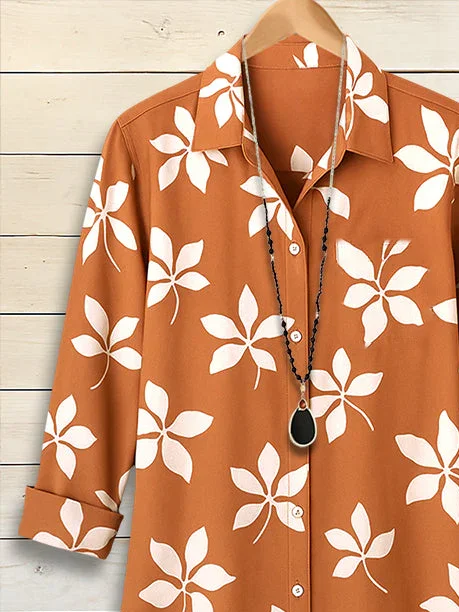 Women's Long Sleeve Shirt Spring/Fall Yellow Brown Floral Buckle Shirt Collar Regular Sleeve Daily Going Out Casual Top
