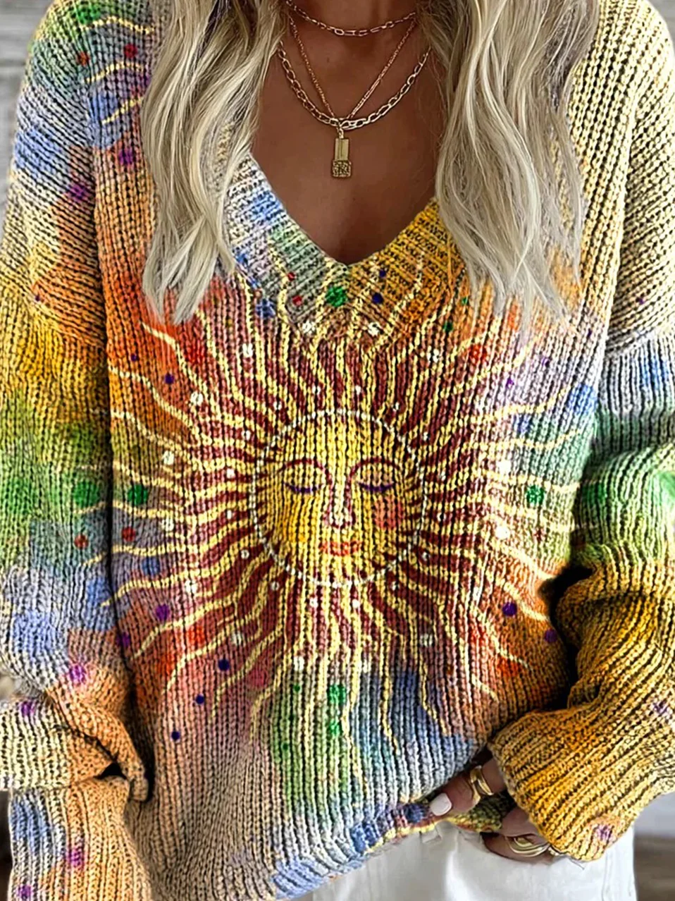 V Neck Ethnic Gradient Pattern Sweater