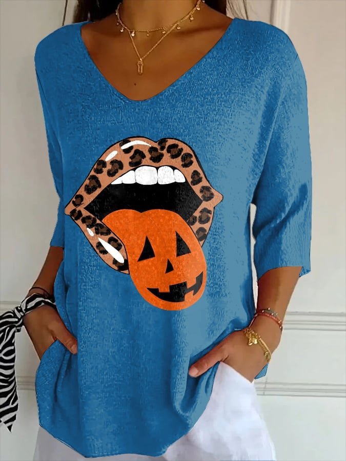 V-Neck Retro Halloween Lips Leopard Pumpkin Fall Printed T-Shirt