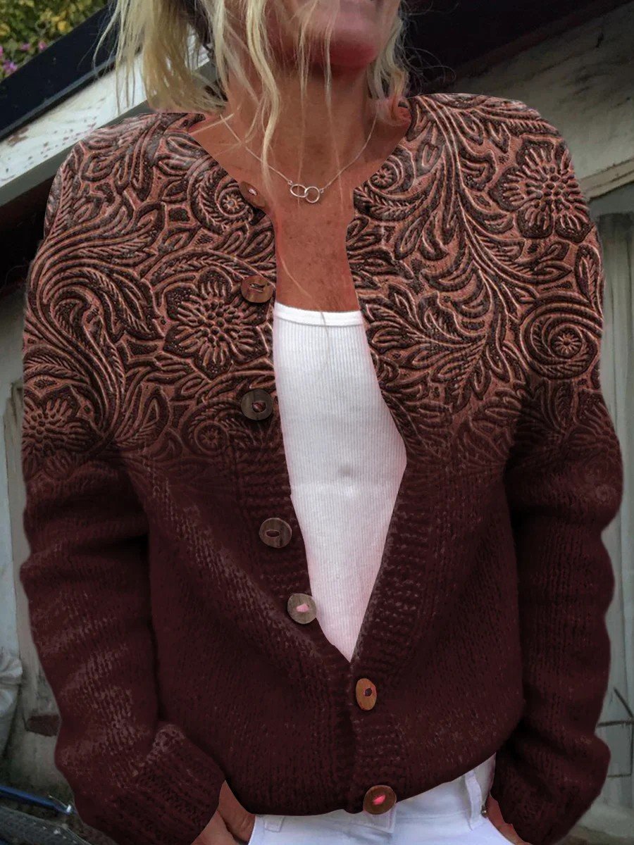 Knitted Crew Neck Gradient Pattern Peasant Cardigan