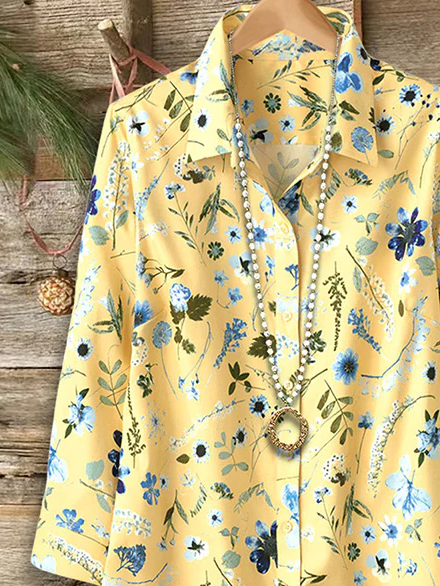 Women's Long Sleeve Shirt Spring/Fall Yellow Floral Buckle Shirt Collar Regular Sleeve Daily Going Out Casual Top