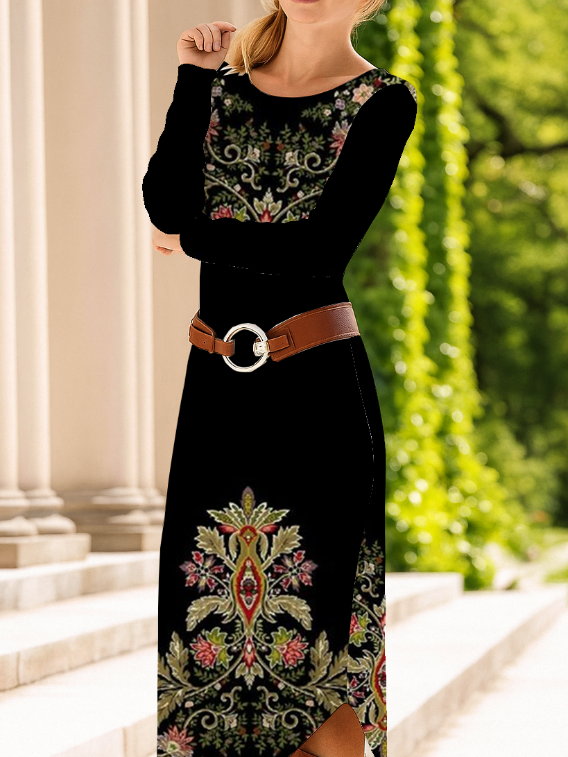 Women's Long Sleeve Spring/Fall Black Floral Crew Neck Daily Going Out Casual Midi A-Line T-Shirt Dress Dress