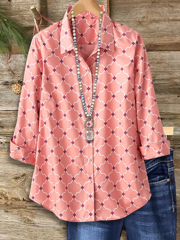 Women's Long Sleeve Shirt Spring/Fall Pink Abstract Buckle Shirt Collar Regular Sleeve Daily Going Out Casual Top