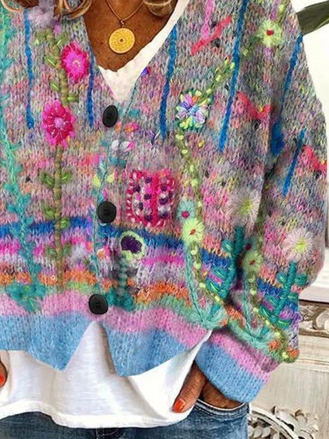 Women's Floral Print Casual V-Neck Button Cardigan