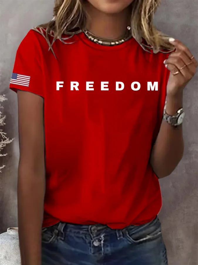 Women's Freedom American Flag Print Casual T-shirt