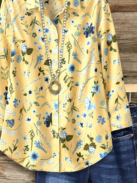 Women's Long Sleeve Shirt Spring/Fall Yellow Floral Buckle Shirt Collar Regular Sleeve Daily Going Out Casual Top