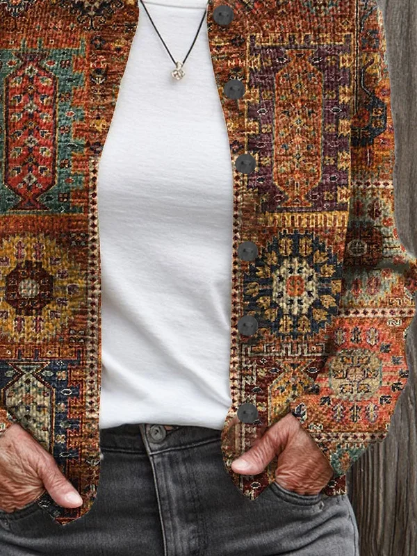 Women's Abstract Print Casual Button Cardigan