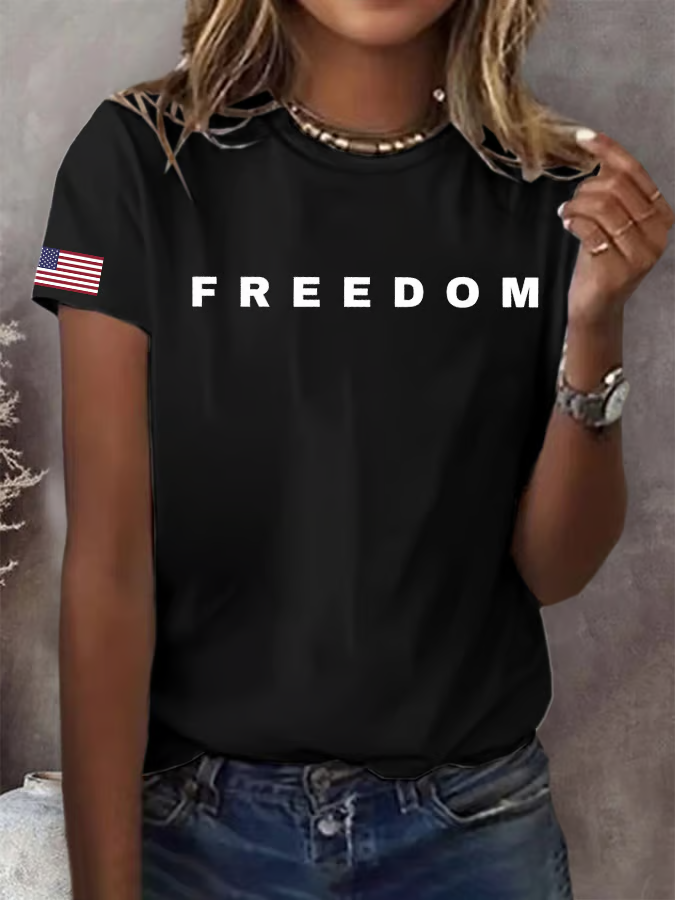 Women's Freedom American Flag Print Casual T-shirt