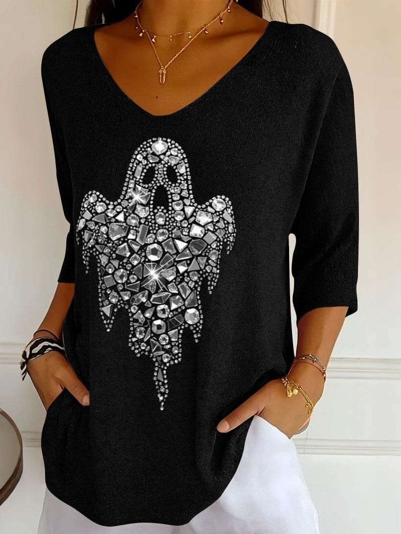 Women's Diamond Ghost Print V-Neck T-Shirt