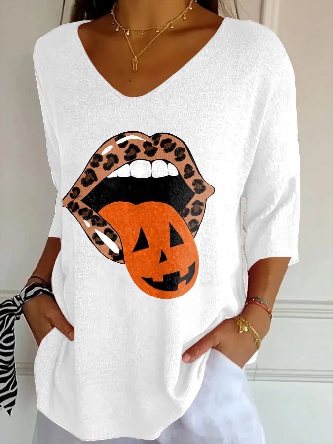 V-Neck Retro Halloween Lips Leopard Pumpkin Fall Printed T-Shirt