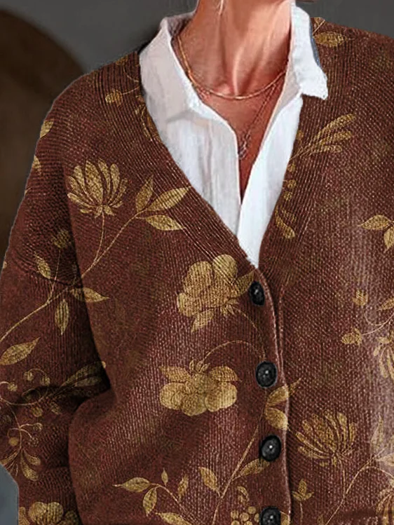 Women's Floral Print Casual V-Neck Button Cardigan