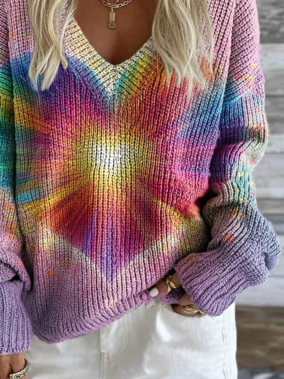 Vintage Gradient Pattern V Neck Loose Sweater