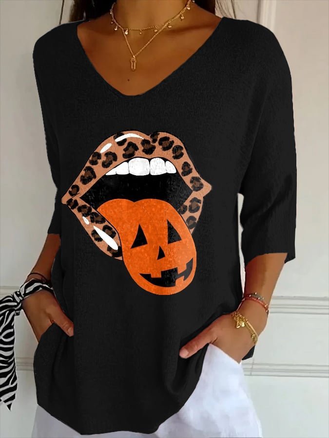 V-Neck Retro Halloween Lips Leopard Pumpkin Fall Printed T-Shirt