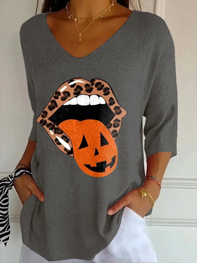 V-Neck Retro Halloween Lips Leopard Pumpkin Fall Printed T-Shirt
