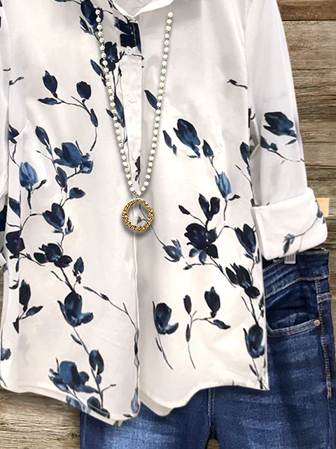 Women's Long Sleeve Shirt Spring/Fall White Floral Buckle Shirt Collar Regular Sleeve Daily Going Out Casual Top