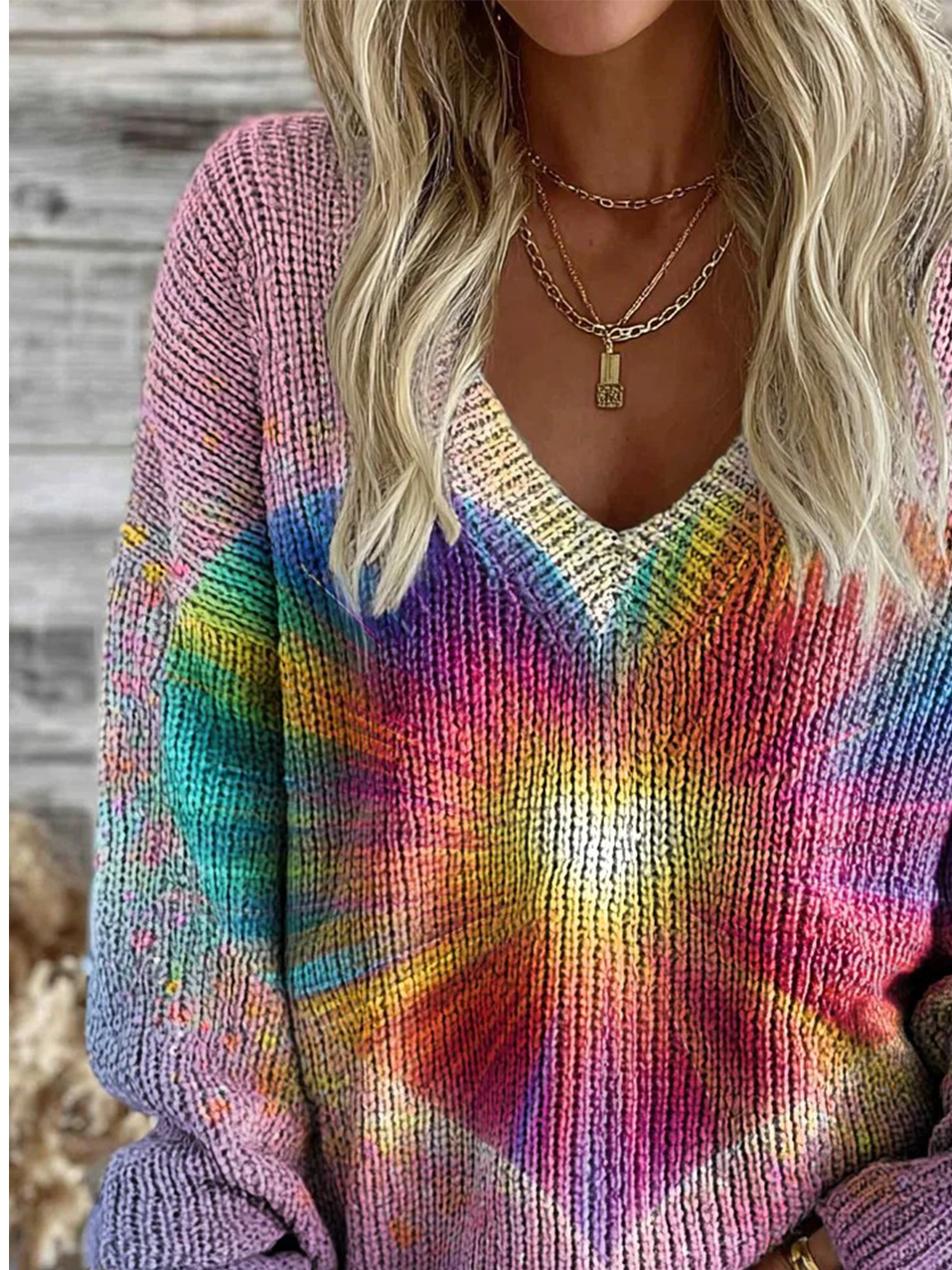 Vintage Gradient Pattern V Neck Loose Sweater