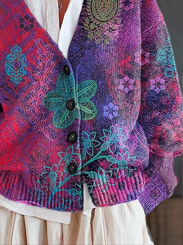 Women's Floral Print Casual V-Neck Button Cardigan