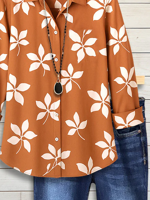 Women's Long Sleeve Shirt Spring/Fall Yellow Brown Floral Buckle Shirt Collar Regular Sleeve Daily Going Out Casual Top