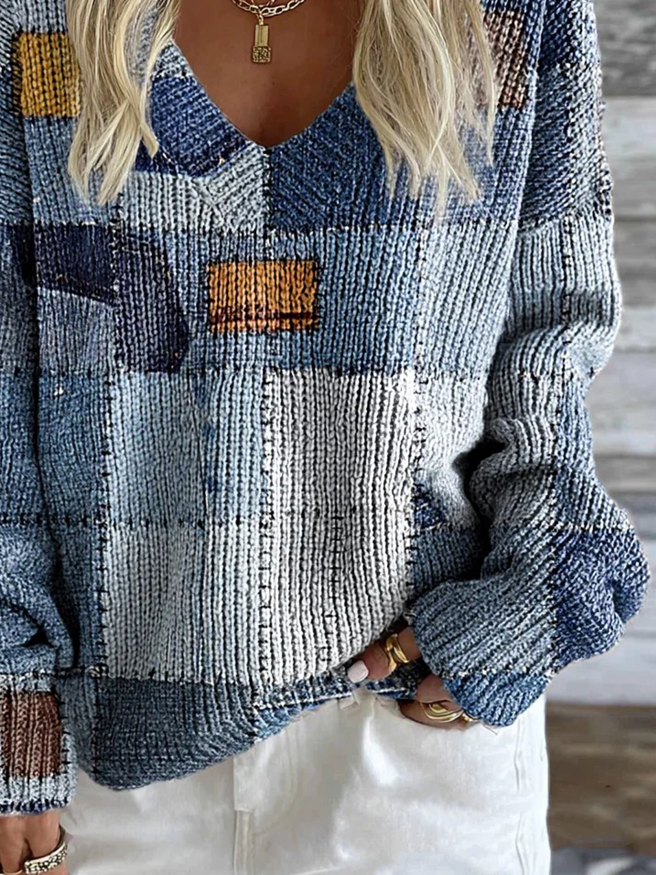 Vintage Loose Geometric V Neck Sweater