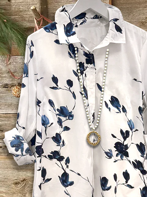 Women's Long Sleeve Shirt Spring/Fall White Floral Buckle Shirt Collar Regular Sleeve Daily Going Out Casual Top