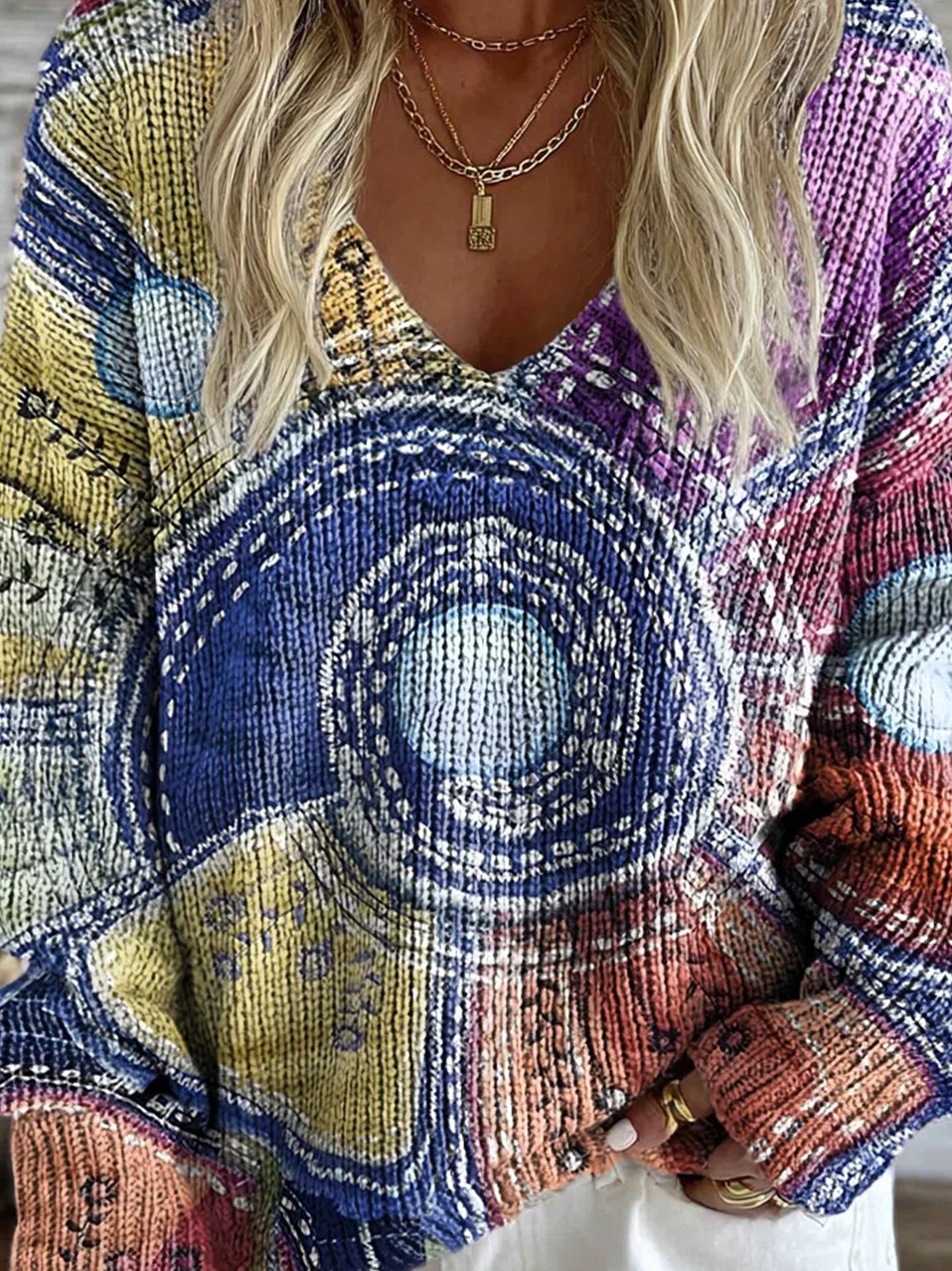 V Neck Ethnic Gradient Pattern Sweater