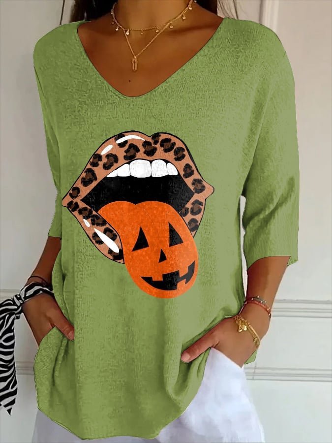 V-Neck Retro Halloween Lips Leopard Pumpkin Fall Printed T-Shirt