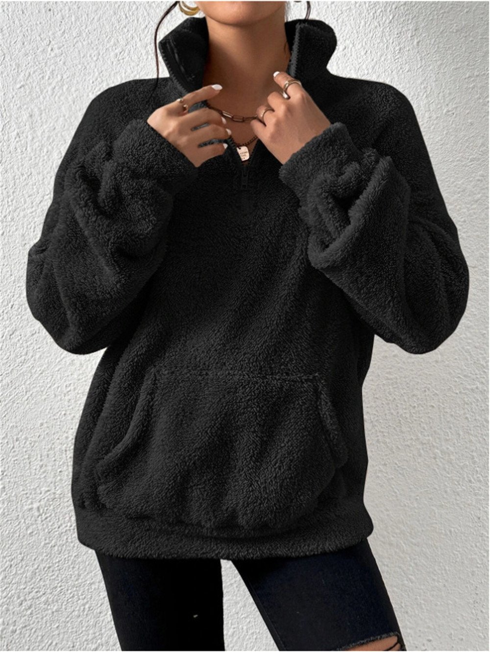 Split Joint Casual Loose Plush And Fleece Women's Stand Collar Zipper Sweatshirt