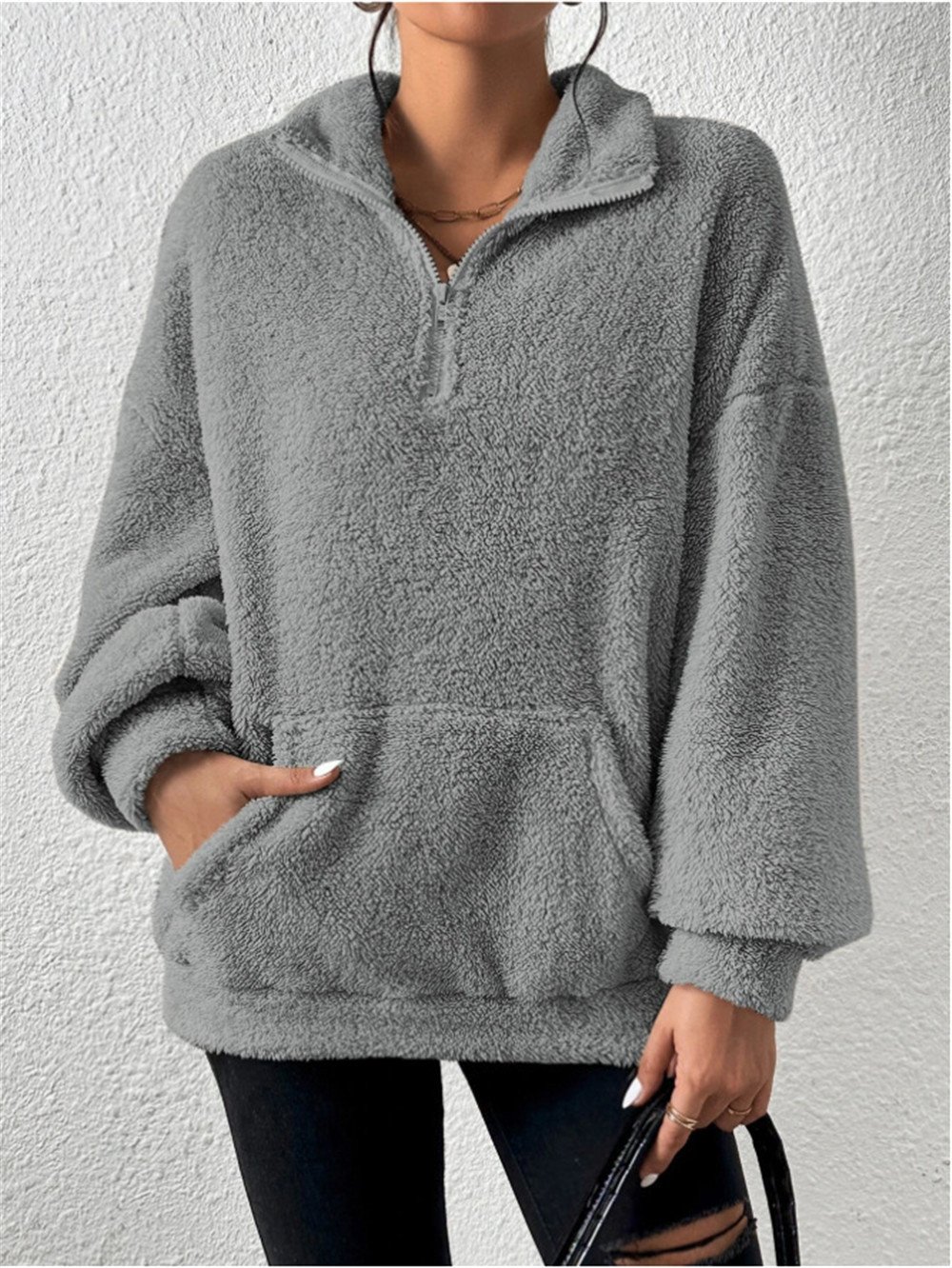 Split Joint Casual Loose Plush And Fleece Women's Stand Collar Zipper Sweatshirt