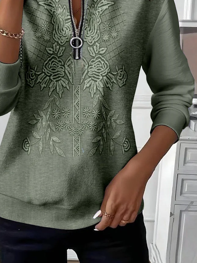 Women's Floral Print Casual Zip-Up Long Sleeve Sweatshirt