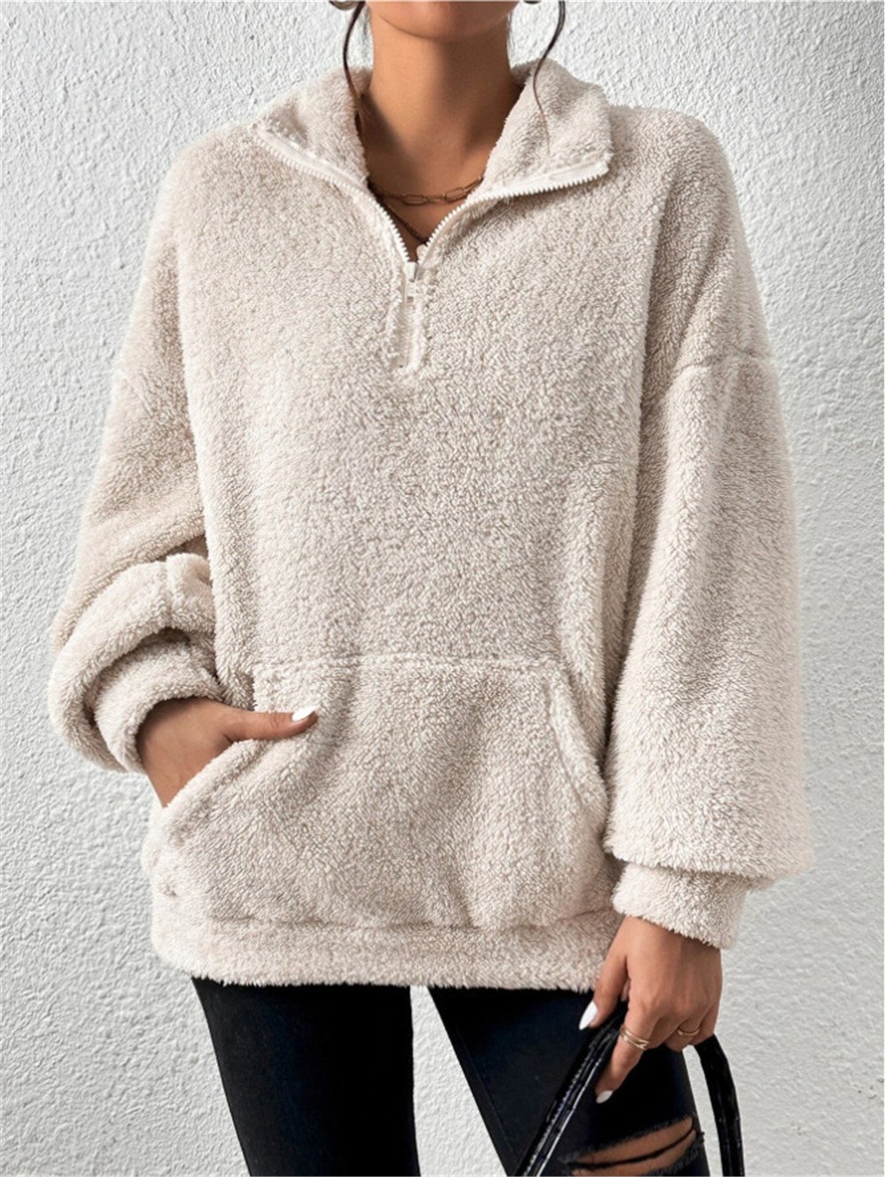 Split Joint Casual Loose Plush And Fleece Women's Stand Collar Zipper Sweatshirt