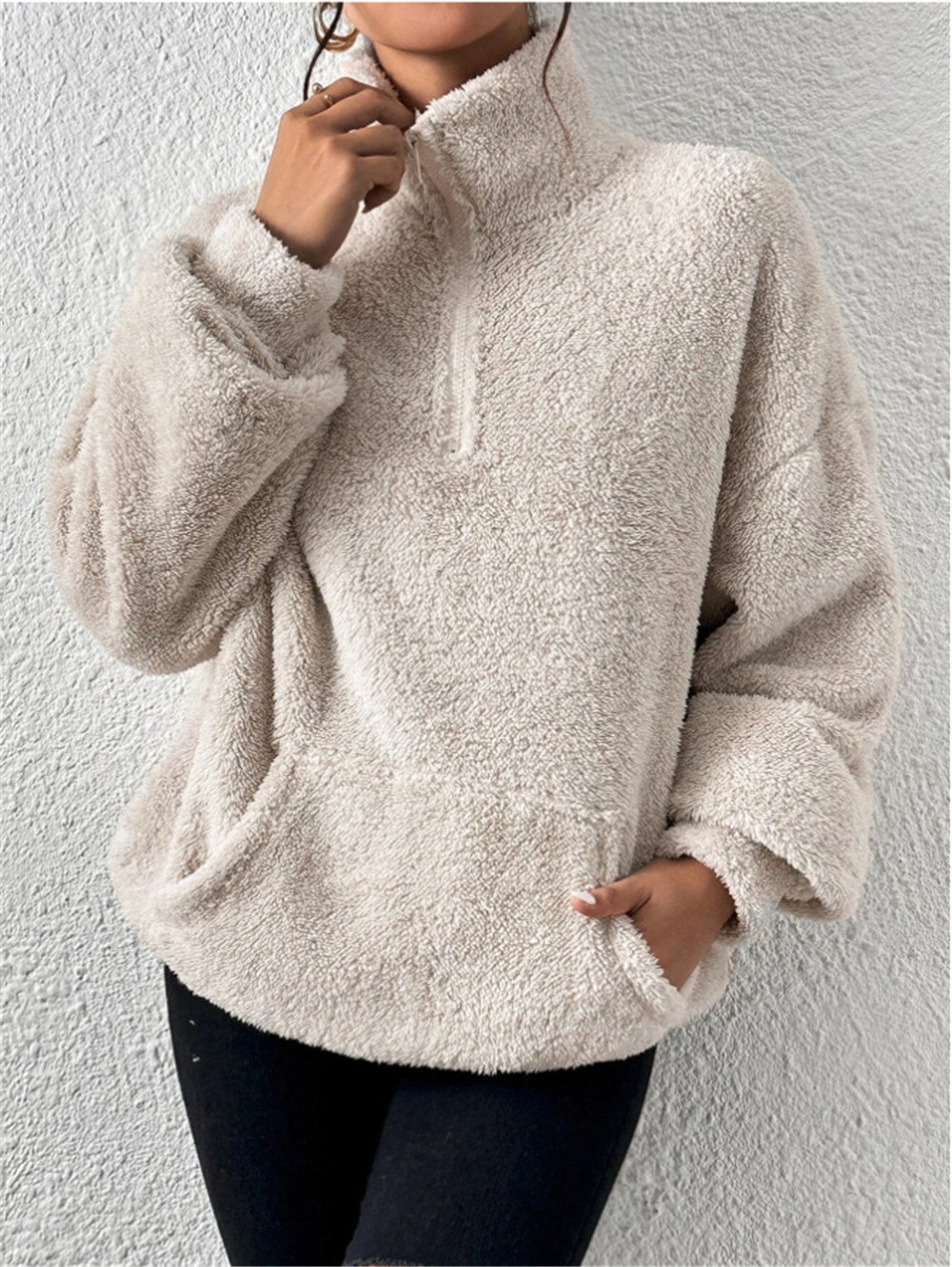 Split Joint Casual Loose Plush And Fleece Women's Stand Collar Zipper Sweatshirt