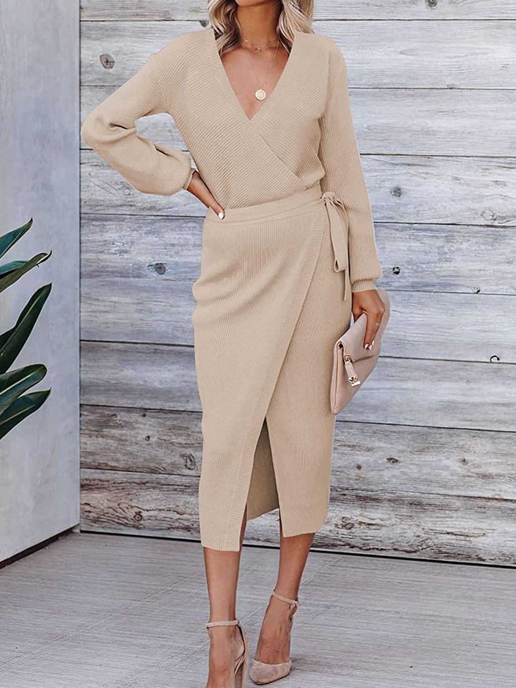 Women's Long Sleeve Spring/Fall Khaki Plain Split Joint V Neck Daily Going Out Vintage Maxi A-Line Tank Dress