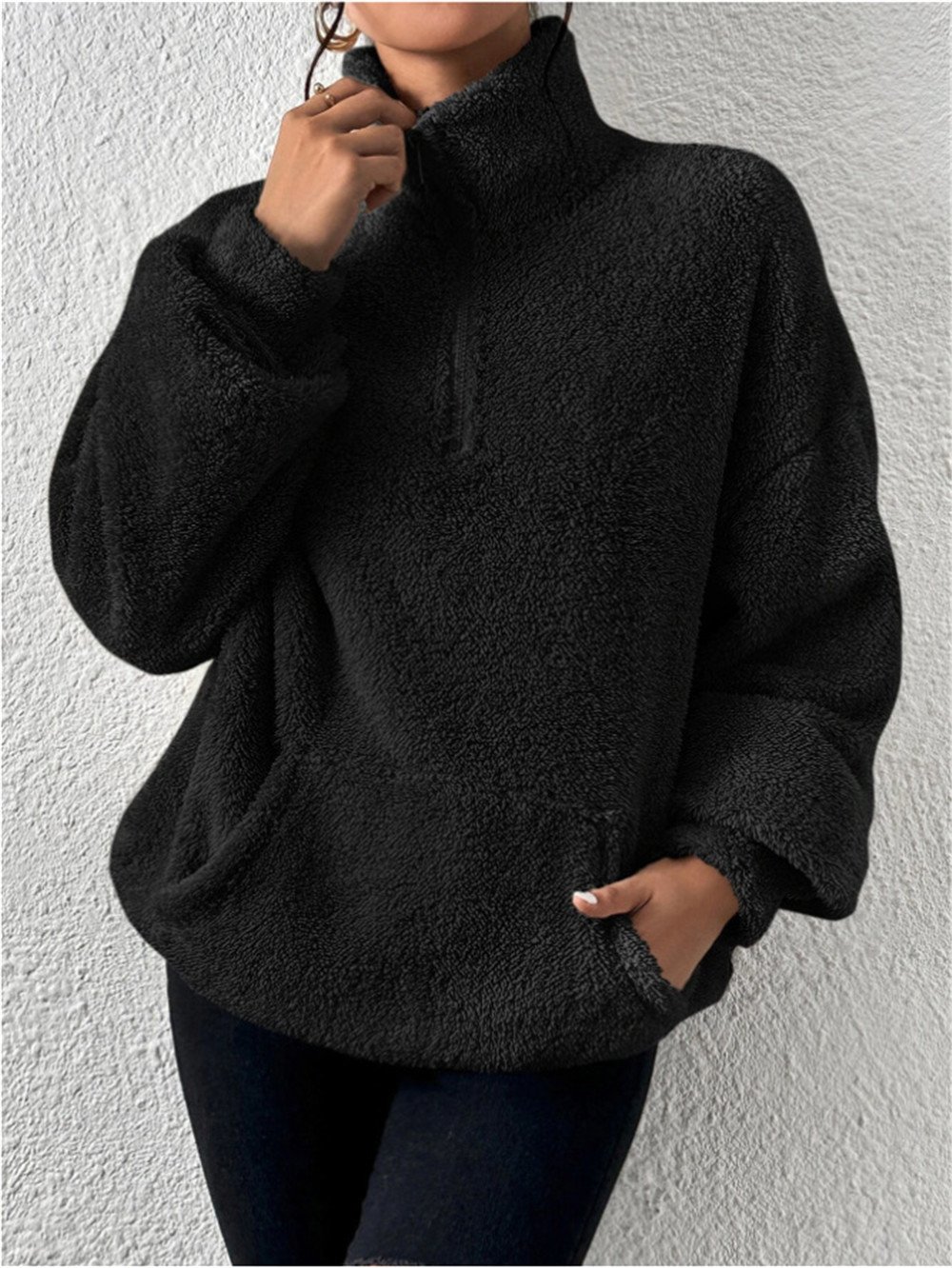 Split Joint Casual Loose Plush And Fleece Women's Stand Collar Zipper Sweatshirt
