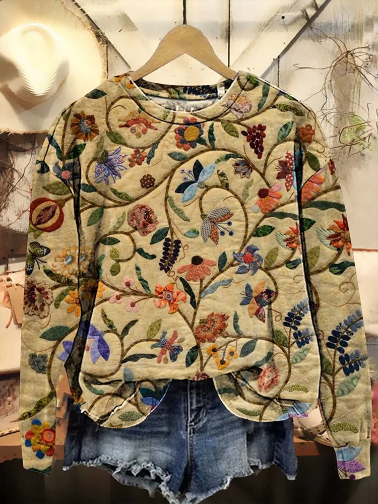 Women's Floral Print Casual Crew Neck Long Sleeve Sweatshirt