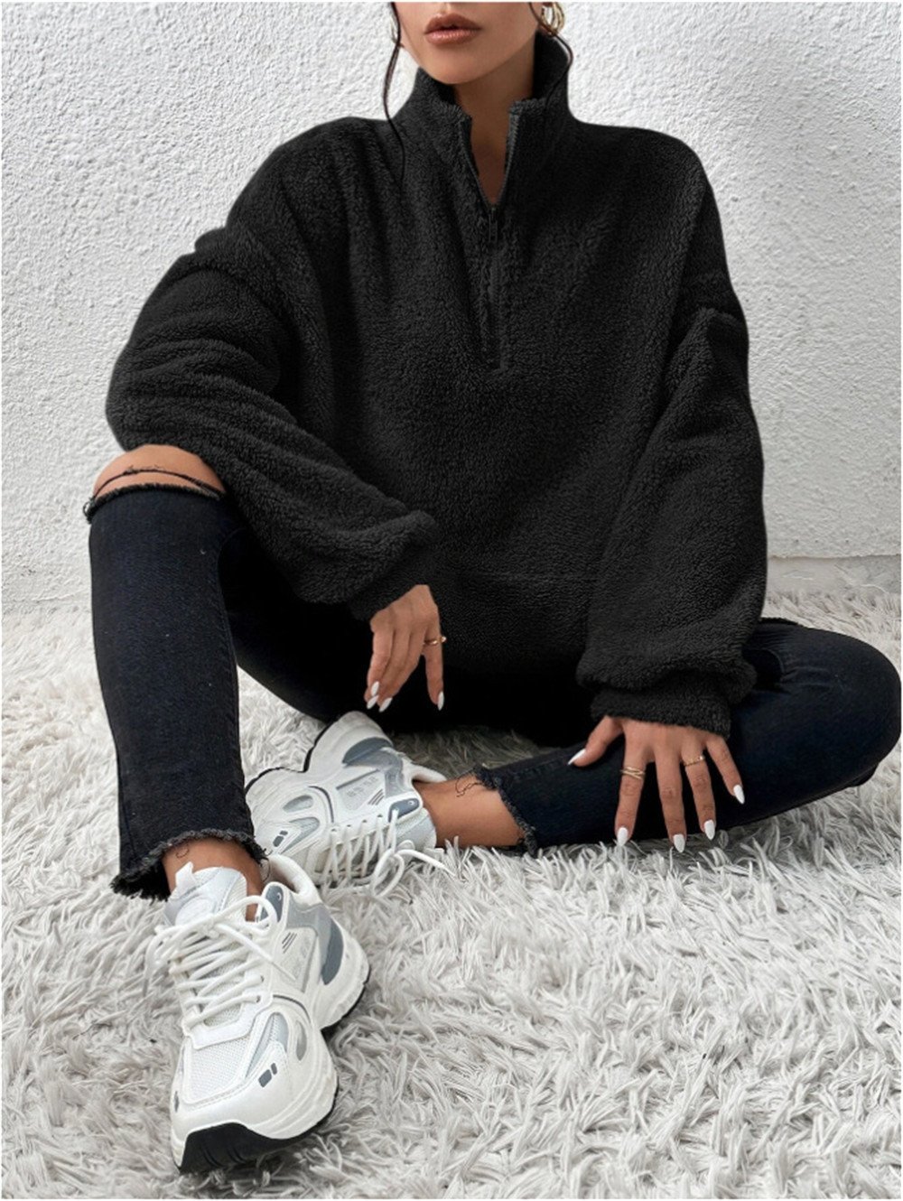 Split Joint Casual Loose Plush And Fleece Women's Stand Collar Zipper Sweatshirt