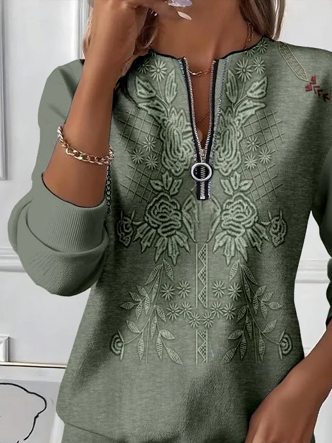Women's Floral Print Casual Zip-Up Long Sleeve Sweatshirt