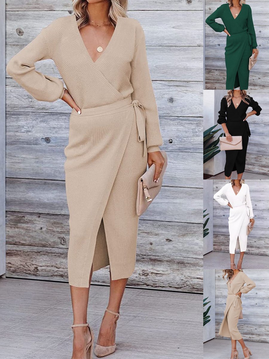 Women's Long Sleeve Spring/Fall Khaki Plain Split Joint V Neck Daily Going Out Vintage Maxi A-Line Tank Dress