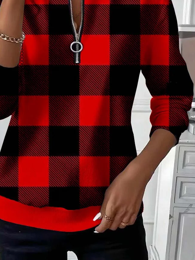 Women's Plaid Print Casual Zipper Long Sleeve Sweatshirt