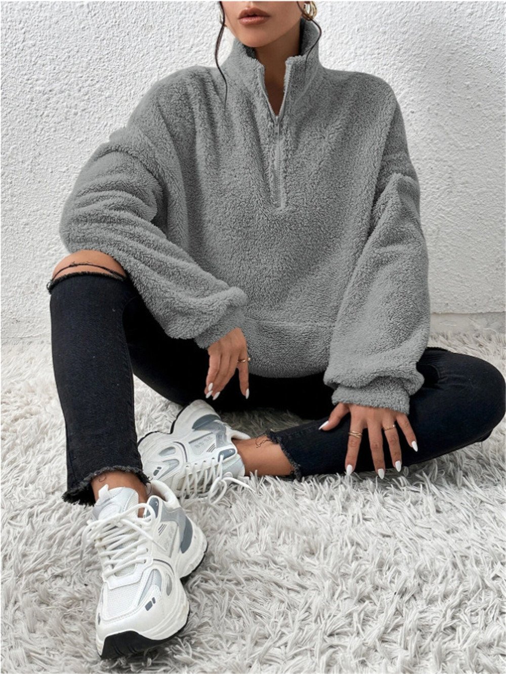 Split Joint Casual Loose Plush And Fleece Women's Stand Collar Zipper Sweatshirt