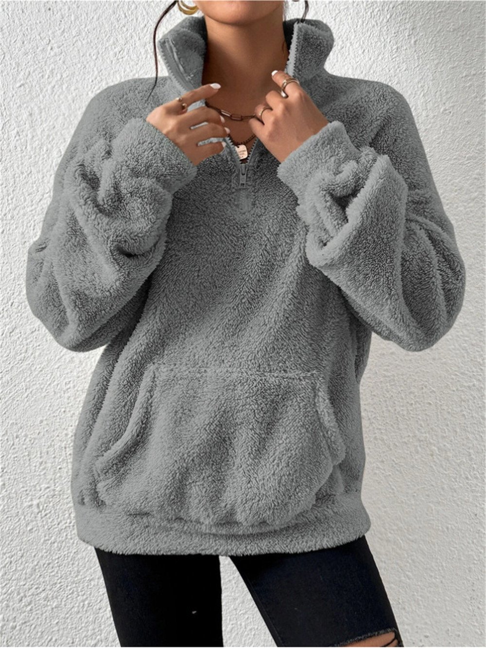 Split Joint Casual Loose Plush And Fleece Women's Stand Collar Zipper Sweatshirt