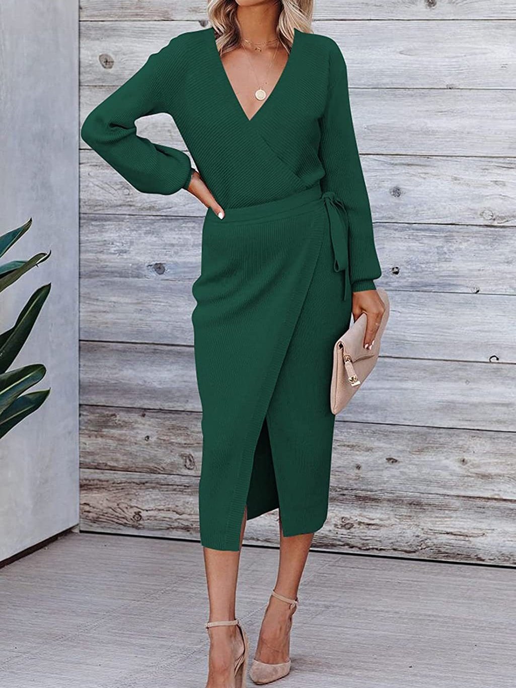 Women's Long Sleeve Spring/Fall Khaki Plain Split Joint V Neck Daily Going Out Vintage Maxi A-Line Tank Dress