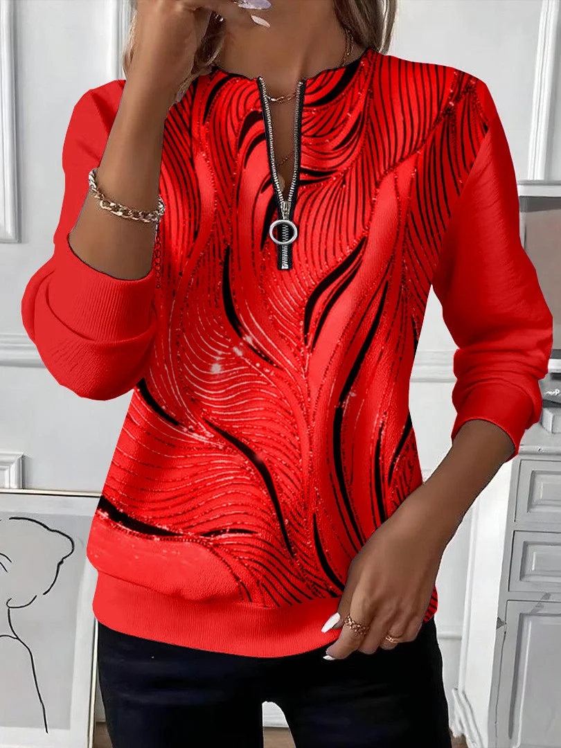 Women's Abstract Print Casual Zipper Long Sleeve Sweatshirt