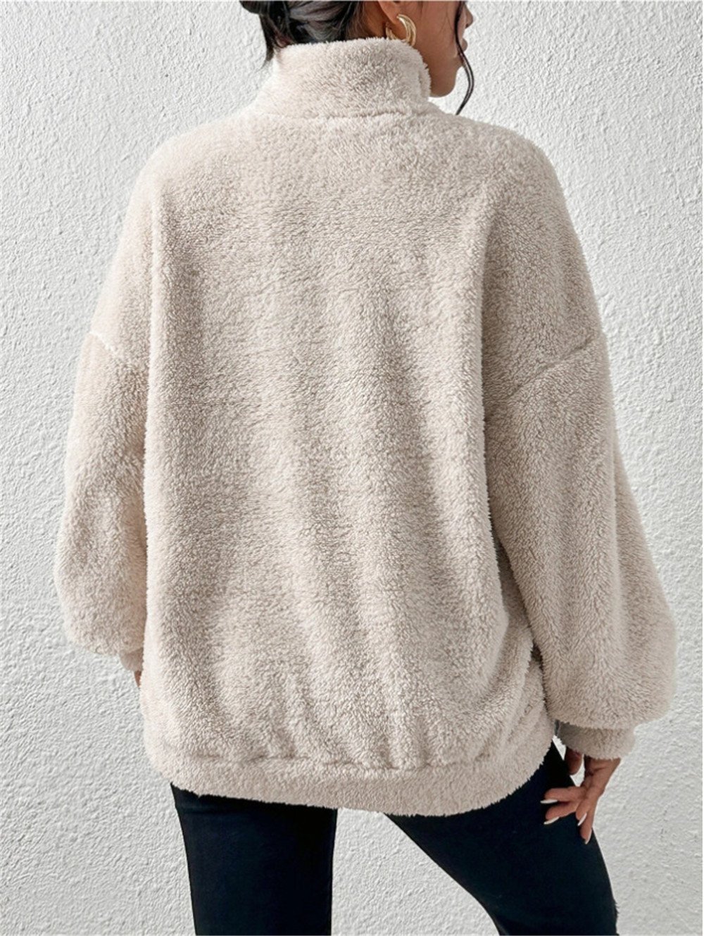Split Joint Casual Loose Plush And Fleece Women's Stand Collar Zipper Sweatshirt