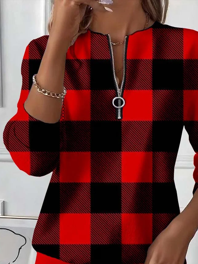 Women's Plaid Print Casual Zipper Long Sleeve Sweatshirt